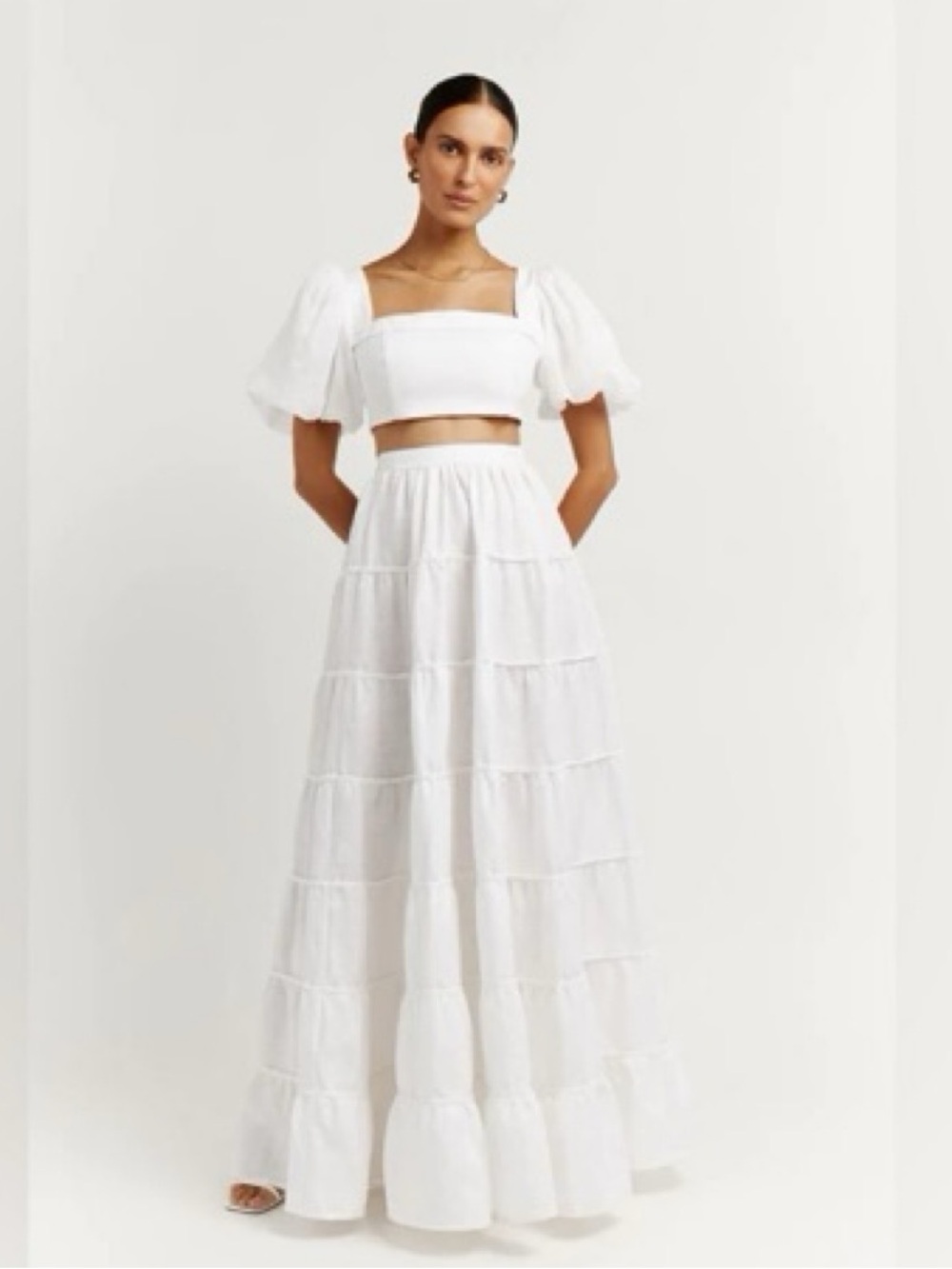 DISSH Aisle White Puff Sleeve Crop and Tiered Maxi Skirt Set - Picture 5 of 10